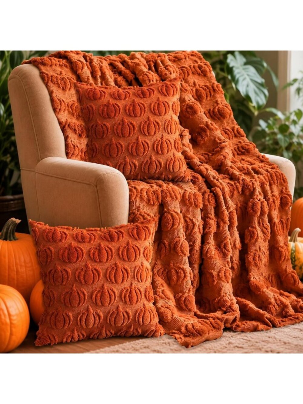 Cozy Rust Red Blanket & Throw Pillow Covers Set - Fall Halloween Pumpkin Decor